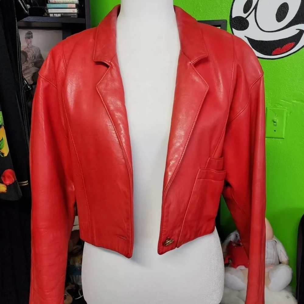 Vintage 80's Ann Taylor Red Buttery Soft Leather Cropped Batwing Jacket - Sz 5